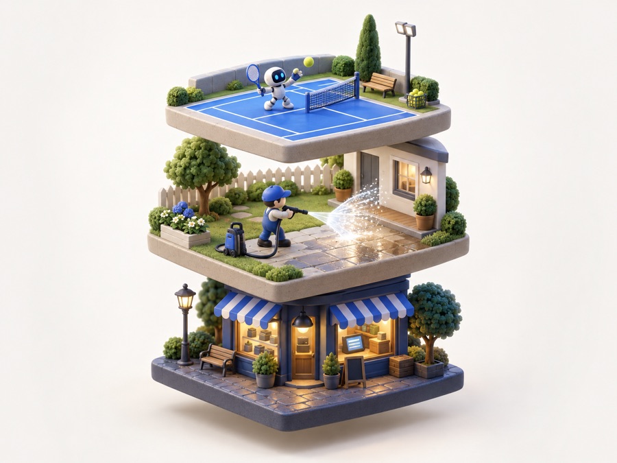 Three small game worlds stacked as dioramas